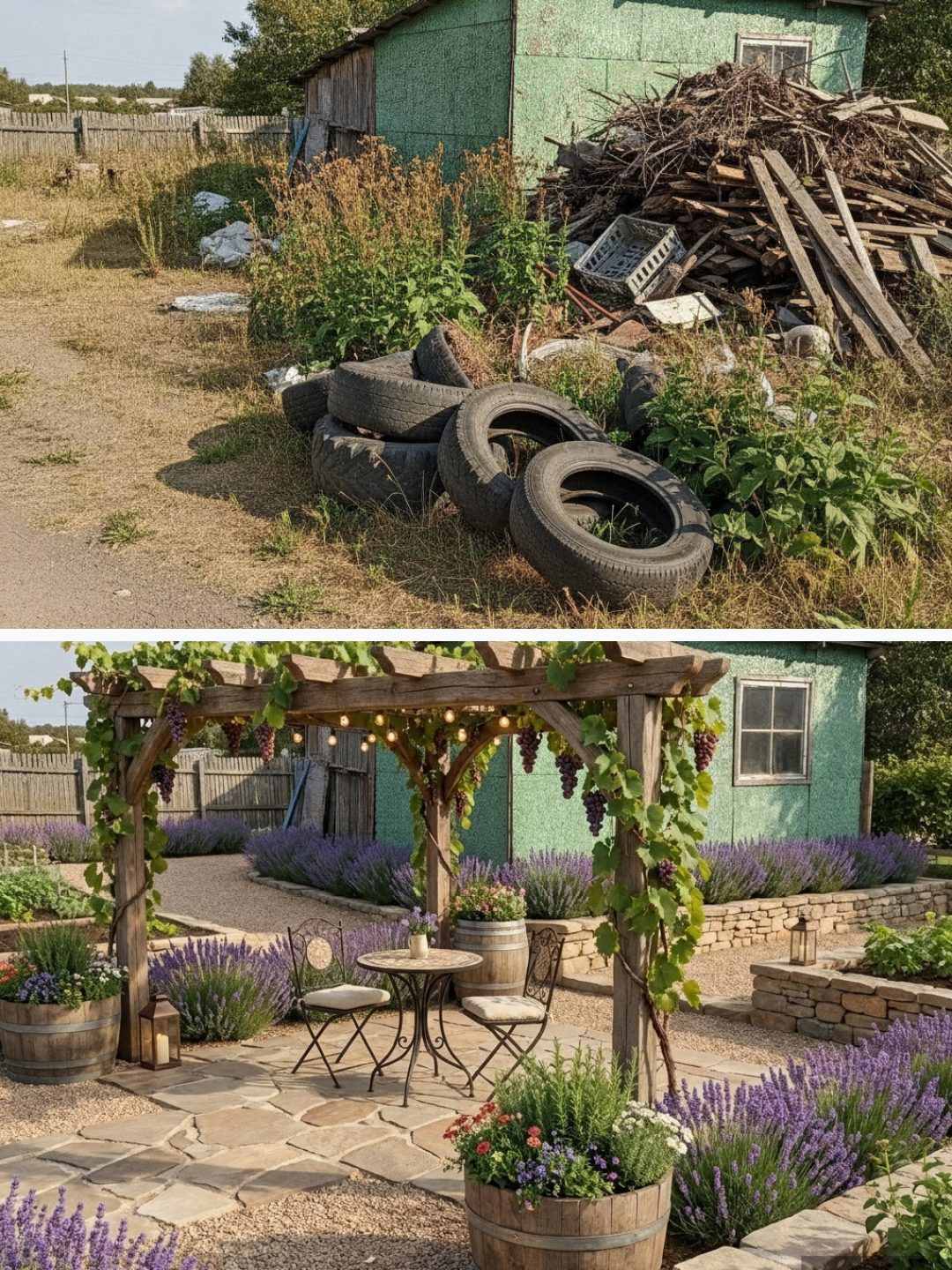 Before and after: yard remixed into Rustic Vineyard with YardRemix AI