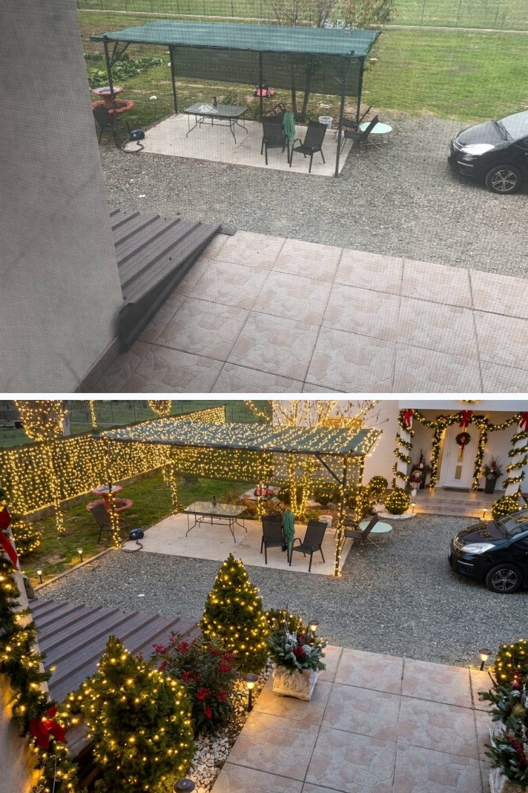 Before and after: yard remixed into Holiday Cheer with YardRemix AI