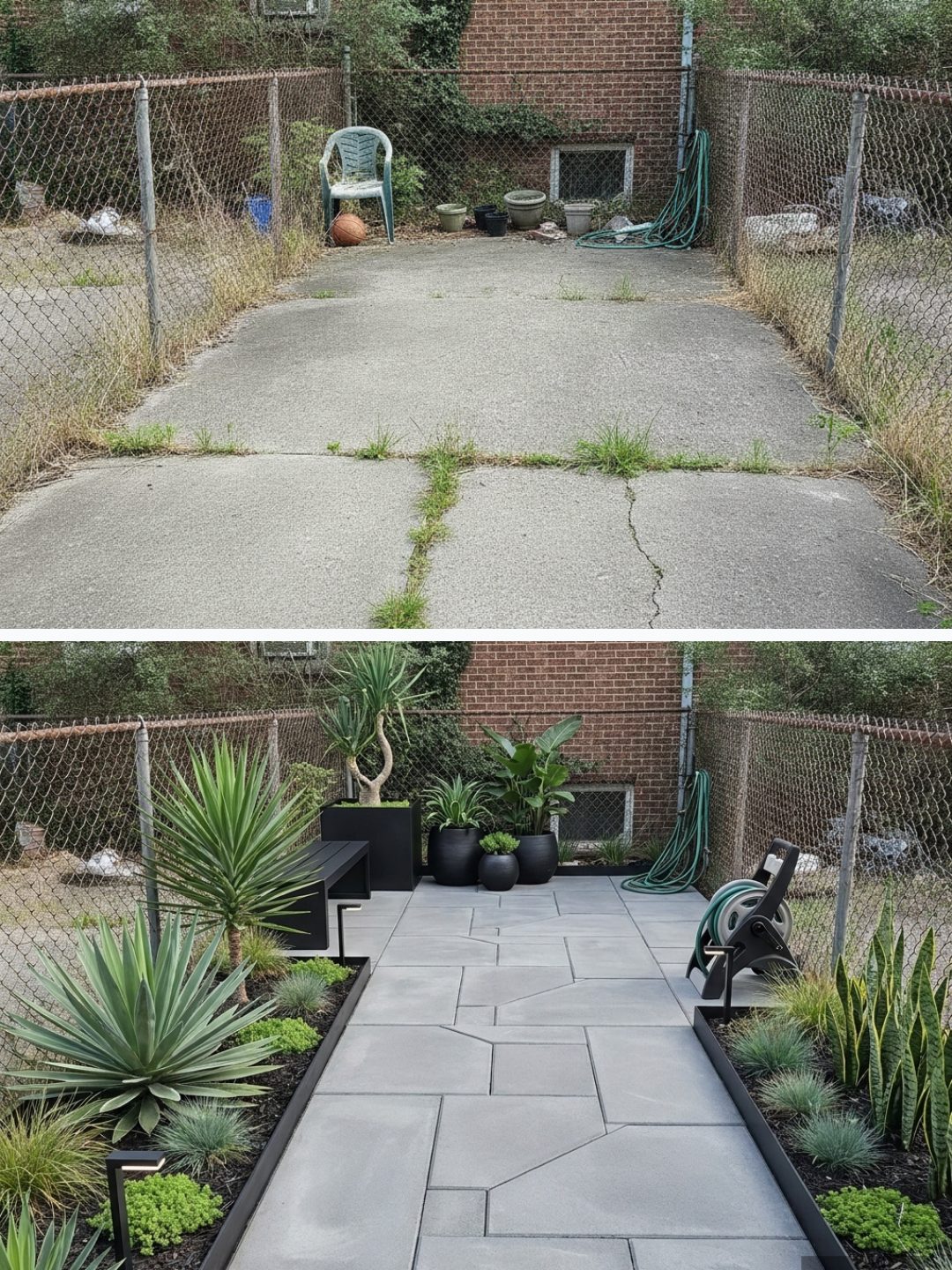 Before and after: yard remixed into Contemporary Chic with YardRemix AI