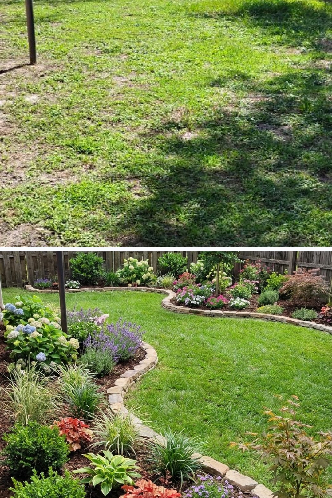Before and after: yard remixed into Lush Garden Beds with YardRemix AI
