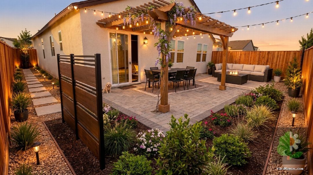 After: the yard remixed into Shaded Pergola by YardRemix AI