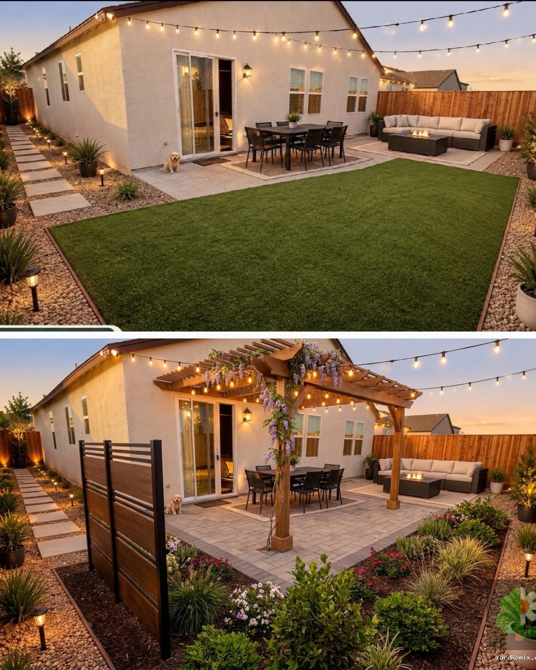 Before and after: yard remixed into Shaded Pergola with YardRemix AI