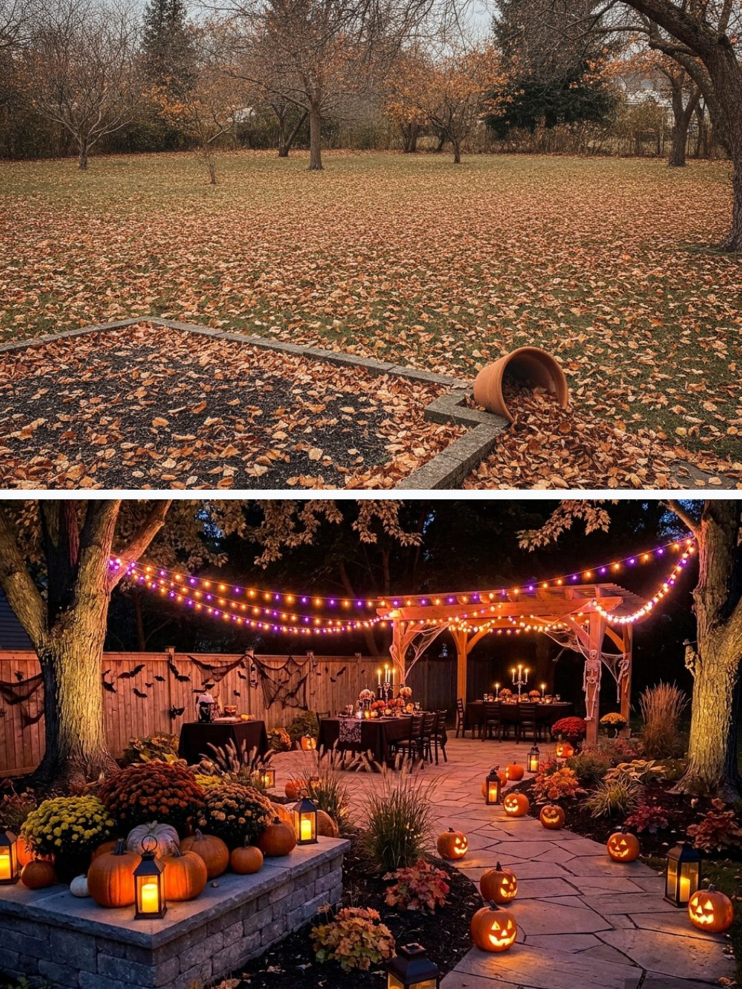 Before and after: yard remixed into Halloween Party with YardRemix AI