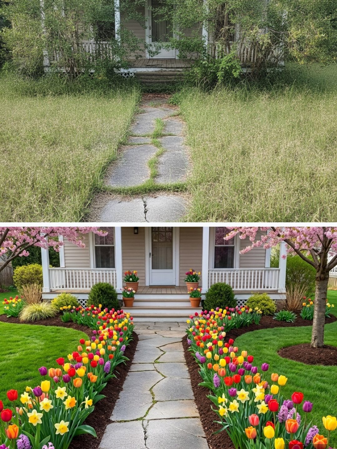Before and after: yard remixed into Spring Bloom with YardRemix AI