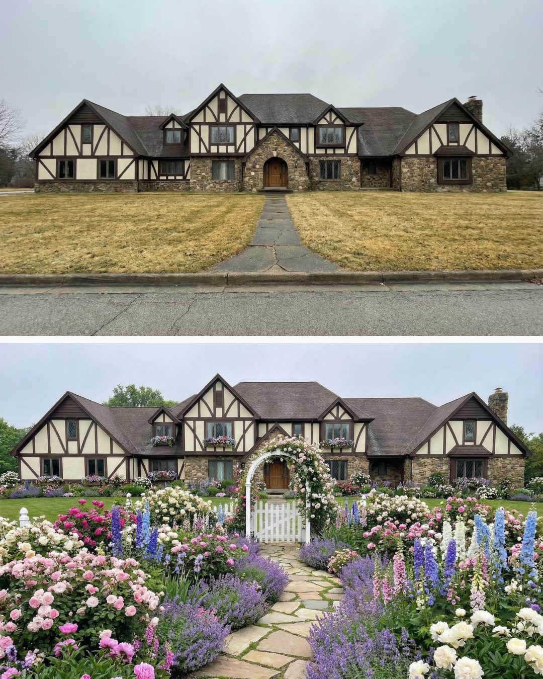 Before and after: yard remixed into Cottage Garden with YardRemix AI