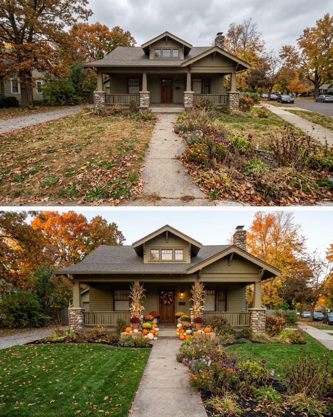 Before and after: yard remixed into Pumpkin Porch with YardRemix AI