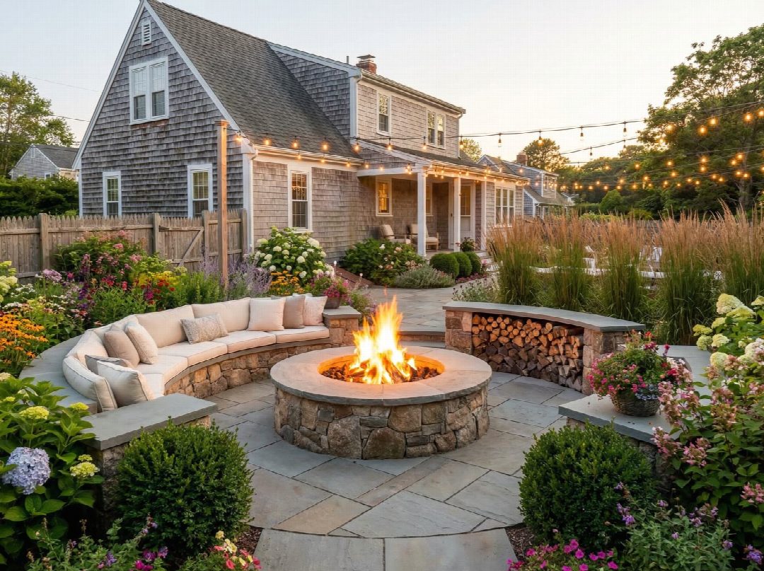 After: the yard remixed into Cozy Fire Pit by YardRemix AI