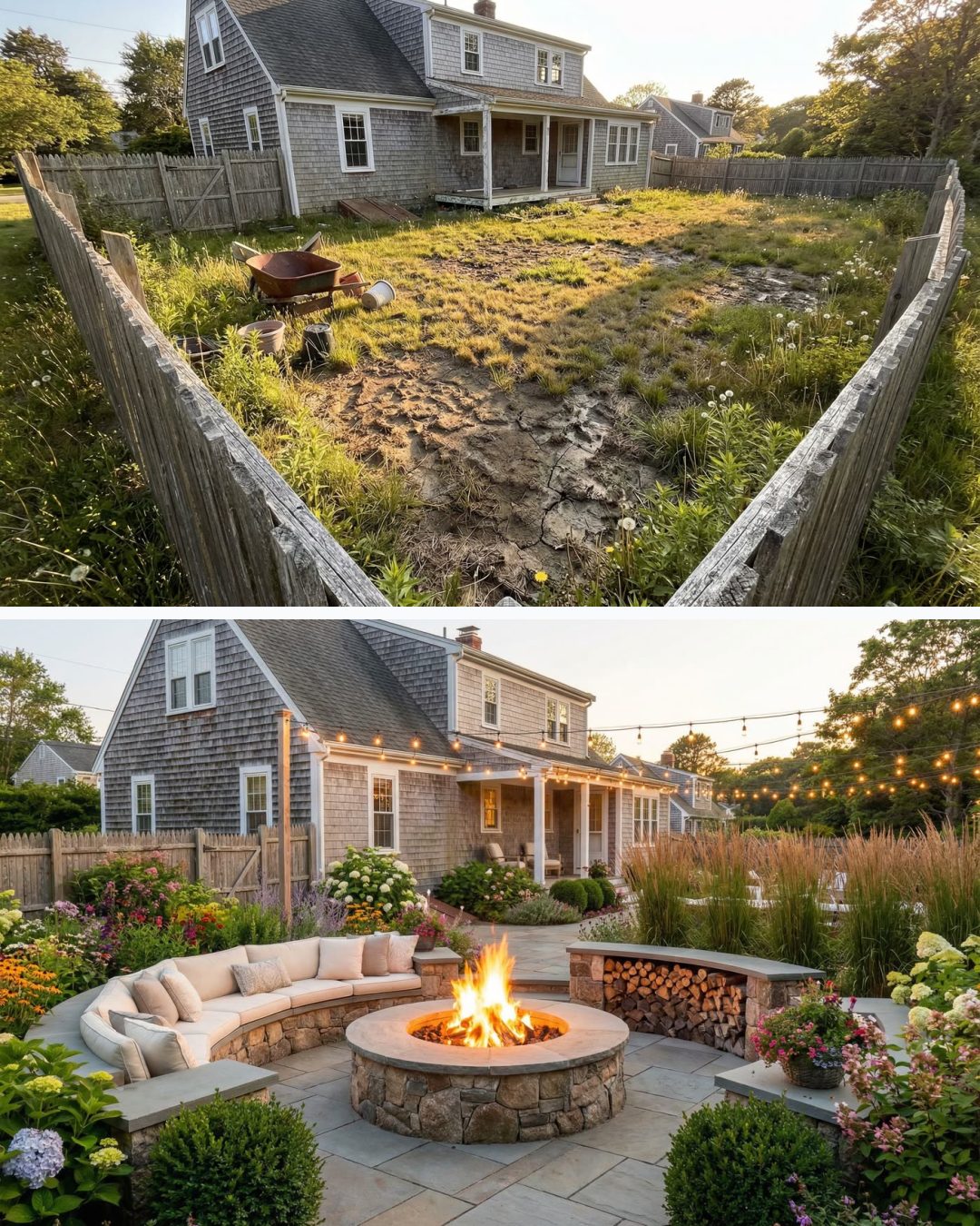 Before and after: yard remixed into Cozy Fire Pit with YardRemix AI