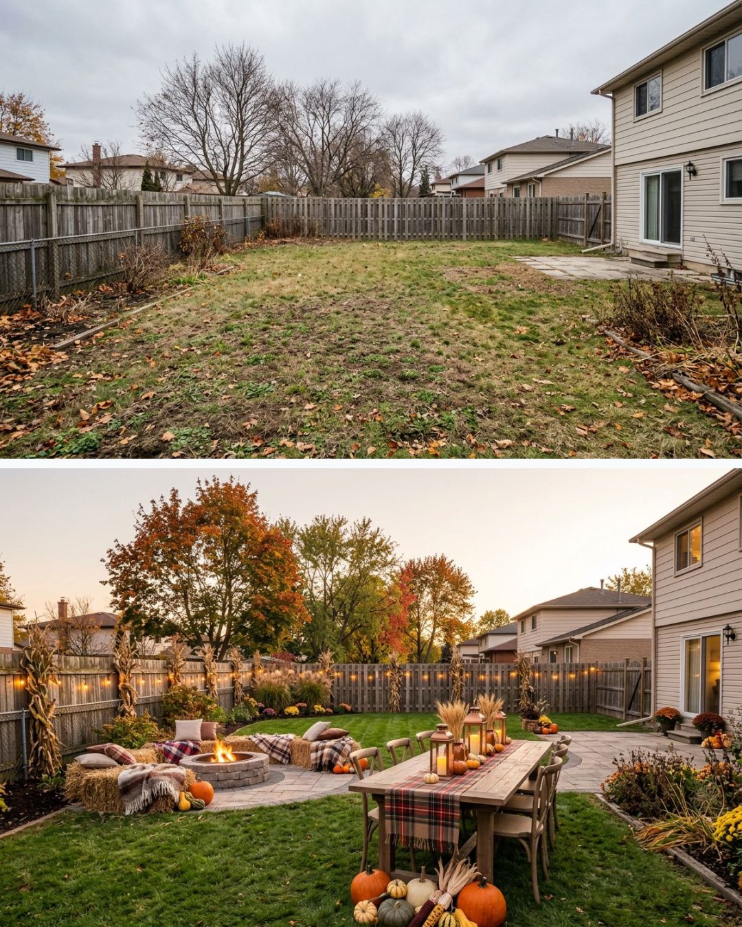 Before and after: yard remixed into Harvest Gathering with YardRemix AI