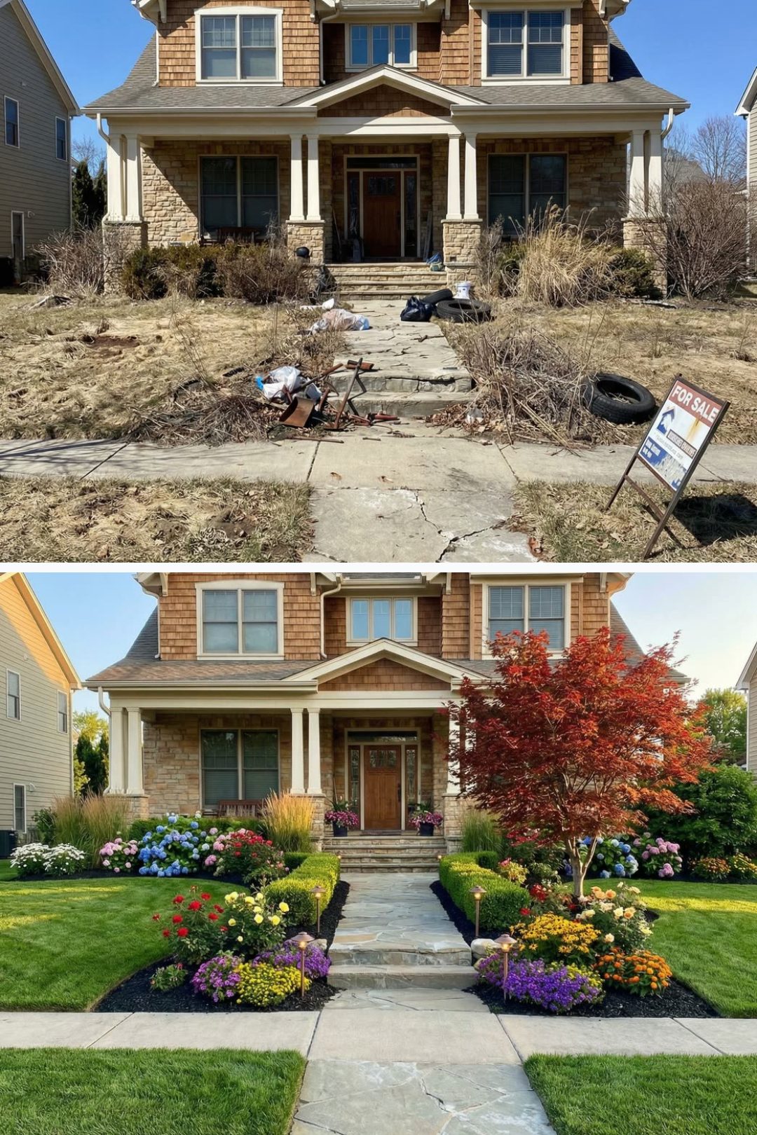 Before and after: yard remixed into Professional Curb Appeal with YardRemix AI
