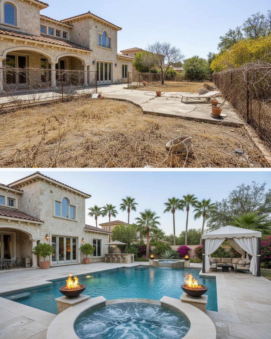 Before and after: yard remixed into Modern Poolscape with YardRemix AI
