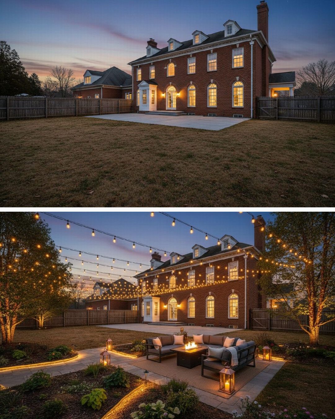 Before and after: yard remixed into Elegant Night with YardRemix AI