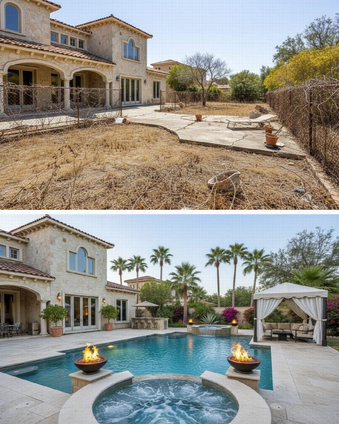 Before and after: yard remixed into Modern Poolscape with YardRemix AI