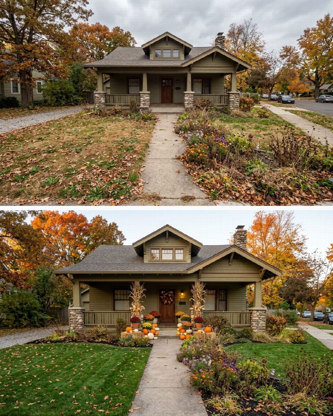 Before and after: yard remixed into Pumpkin Porch with YardRemix AI